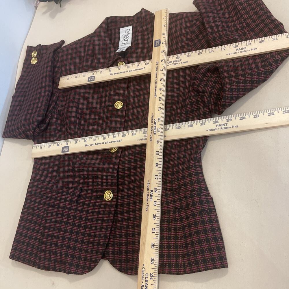 SBS Collection Women Blazer Size 10 Burgundy Plaid Gold Button Career Jacket - Picture 9 of 11